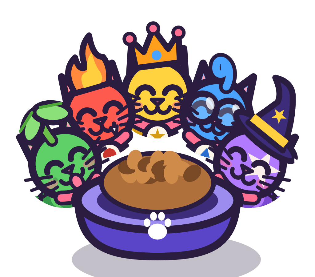 Chilli, Bleu, Pickle, Custard and Jinx crowding round a bowl of kibble